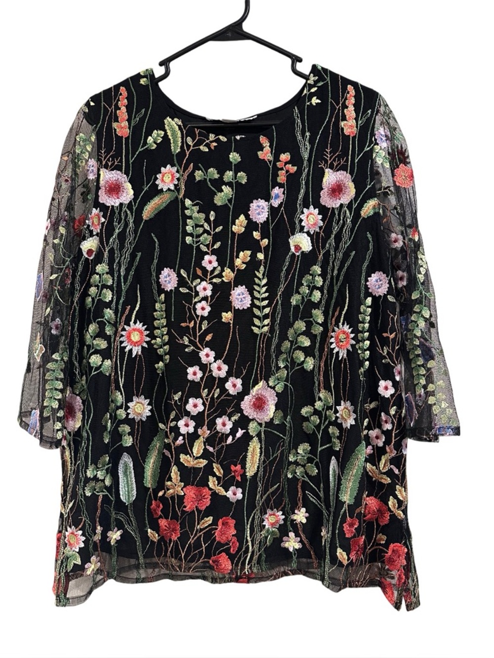 Caroline Rose Garden Walk Embroidered Tunic, sheer 3/4 sleeves black multi-color - Picture 6 of 16
